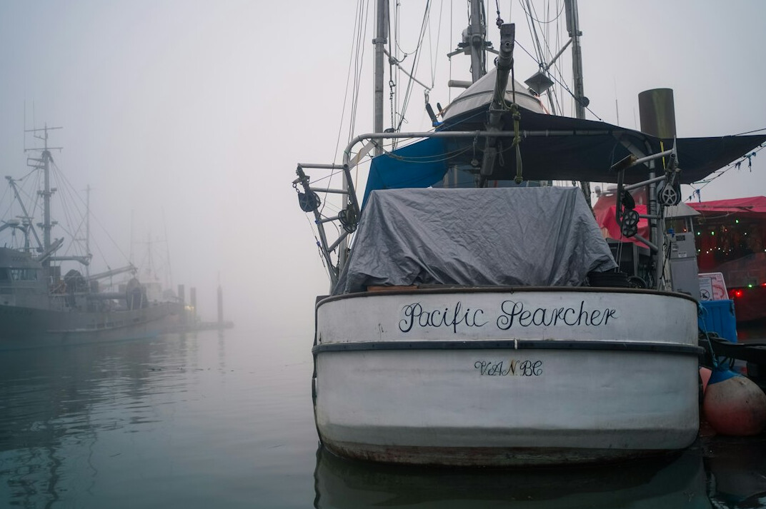 Fishing boats in a harbor covered in morning fog