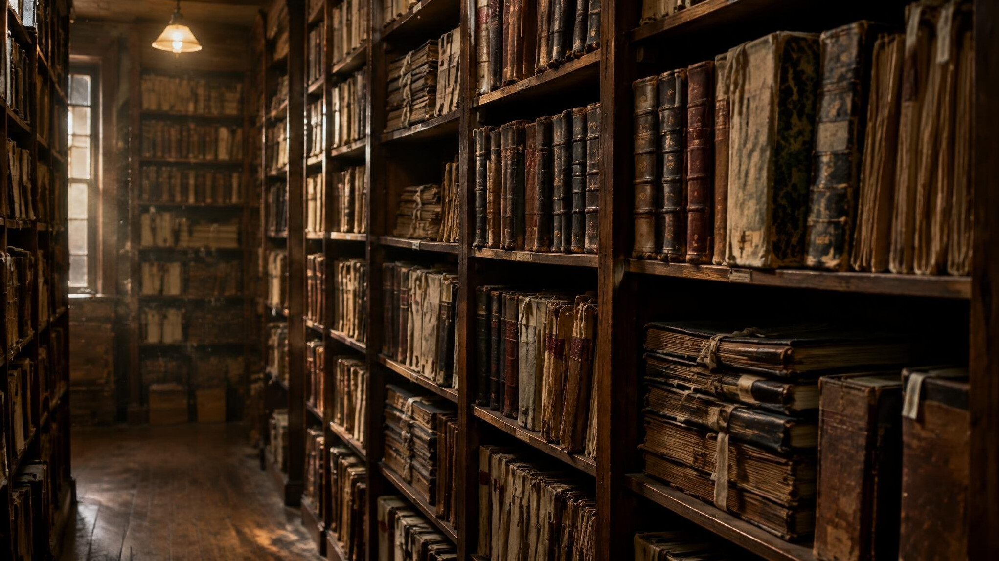Tall wooden shelves filled with old archive files and books