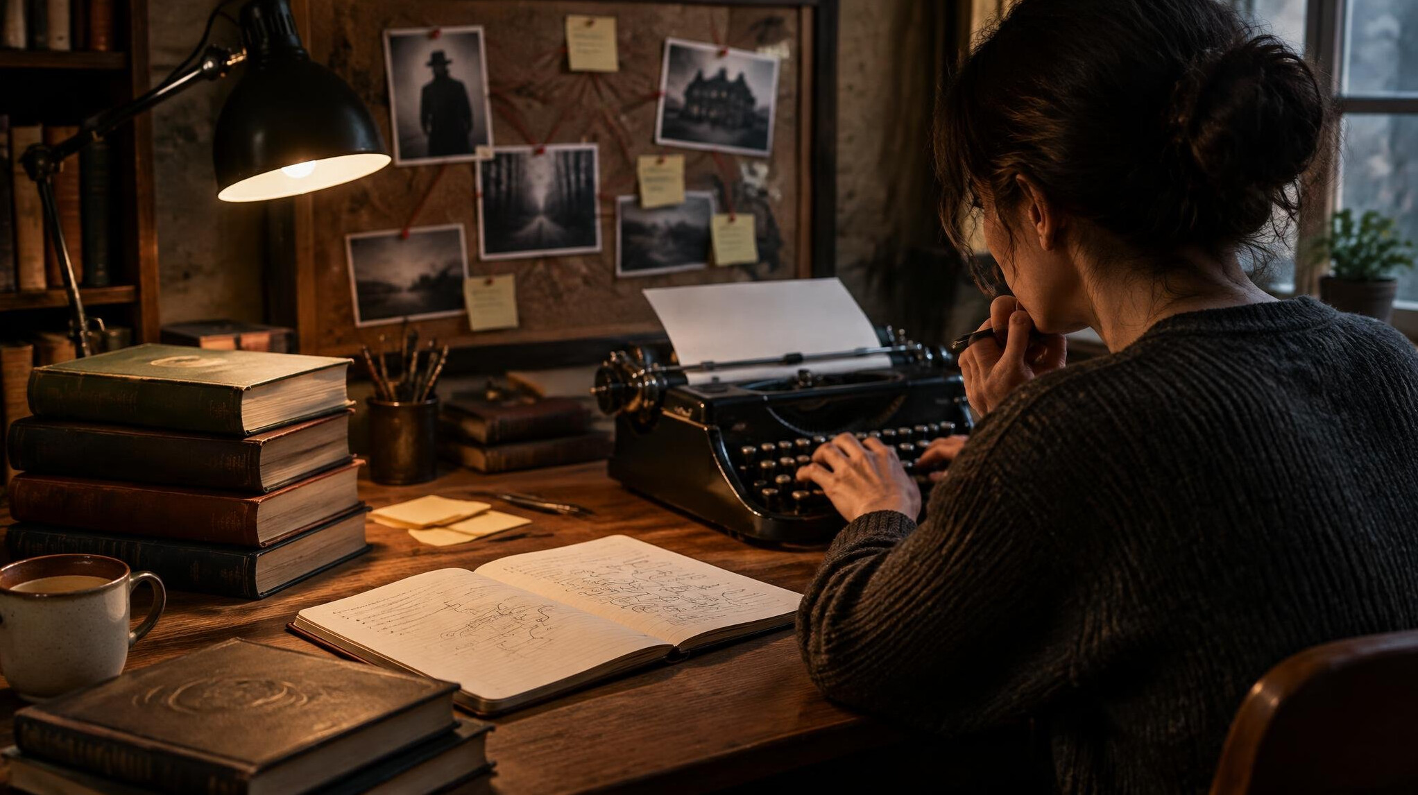 author writing mystery novel at desk