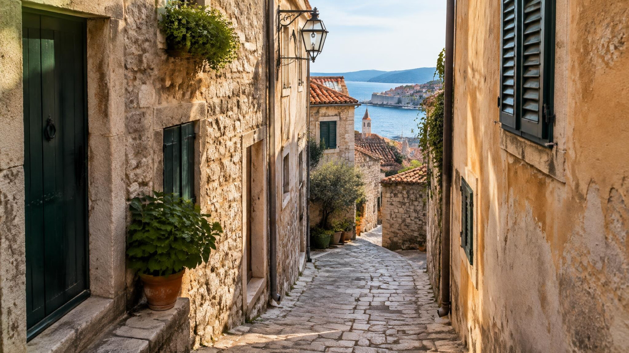 Narrow stone alley in an old European coastal town