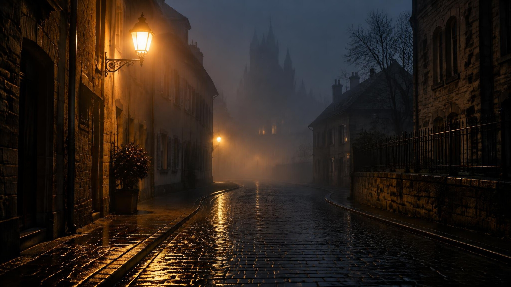 Foggy city street at night with a single lit lamp